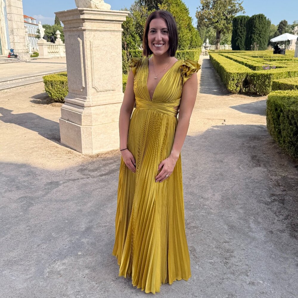 Yellow Pleated Ruffled Cap Sleeve Cut Out Lace Up Gown